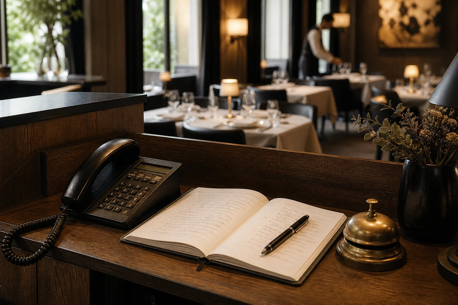 Telefono e campanello di servizio su un banco hospitality per richieste di prenotazione