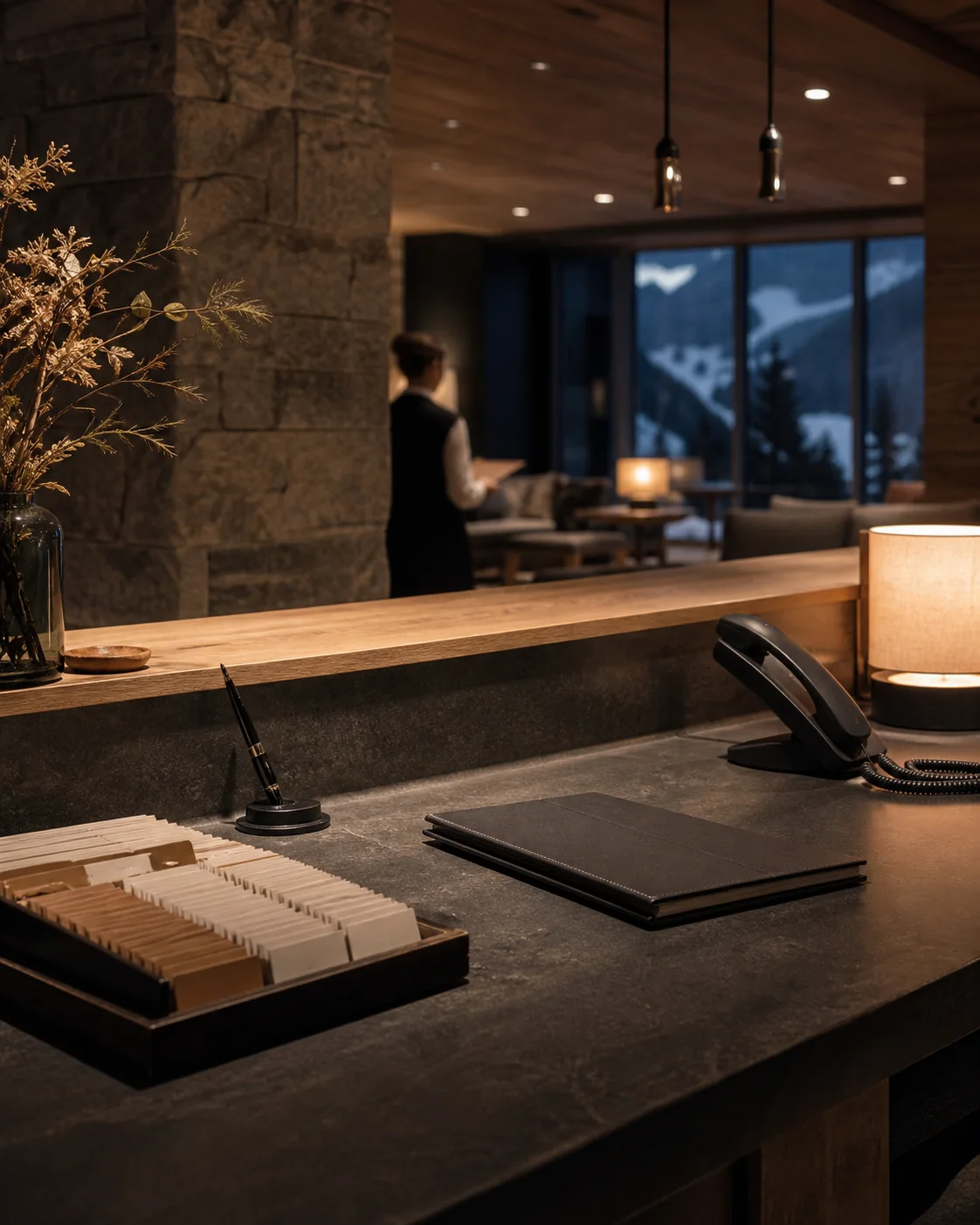 Calm reception desk in a Swiss hotel at dusk