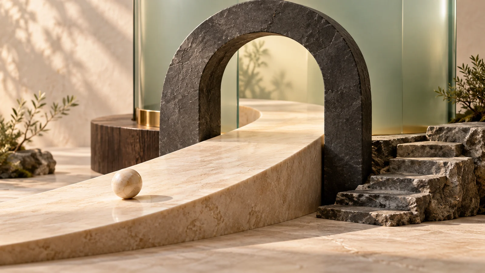 Wide light ramp through a dark stone arch beside a narrow staircase