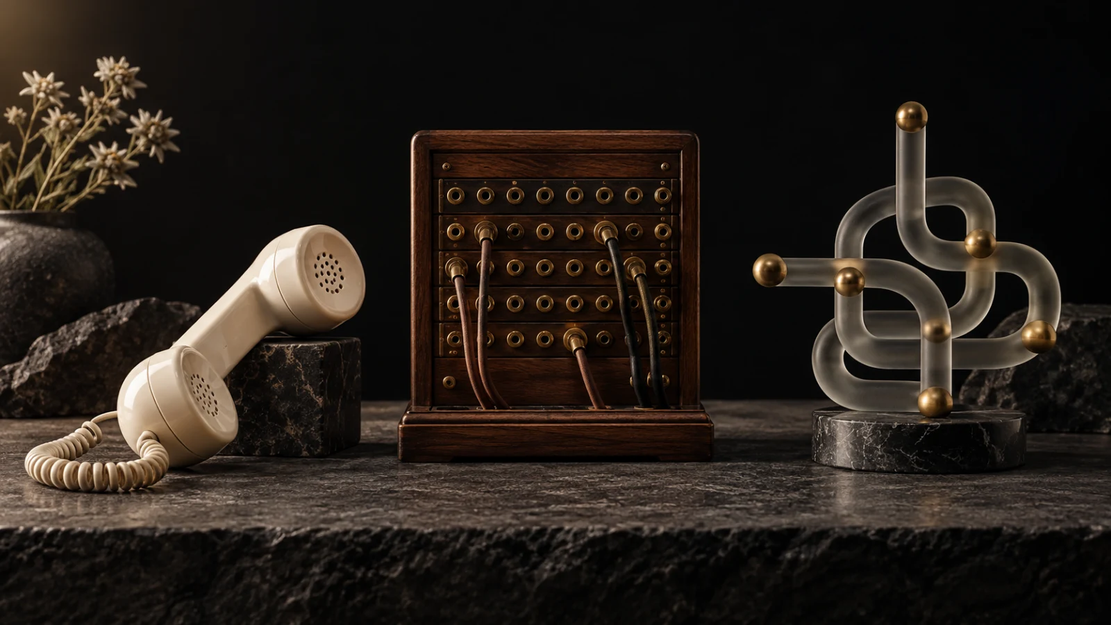 Combiné, standard téléphonique et sculpture en verre représentant trois modes de réponse
