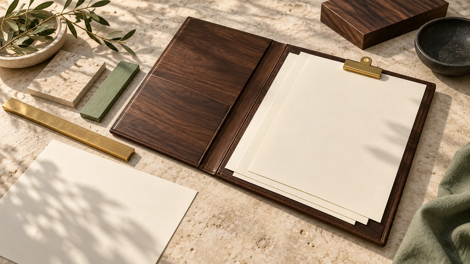 Open wooden folder holding blank sheets with a brass clip and ruler beside two material samples on pale stone
