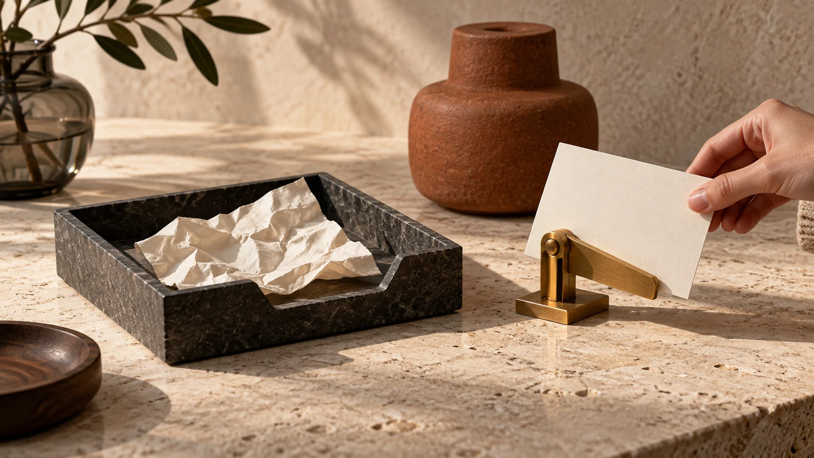 Crumpled complaint paper in a dark tray beside a blank card at a brass decision latch