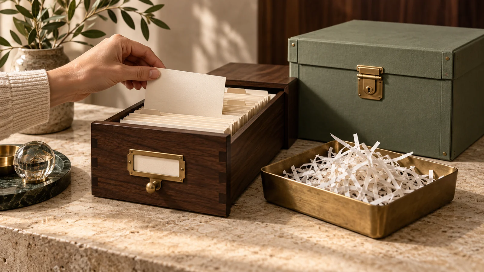 Wooden drawer with blank records beside shredded paper and a closed green archive container