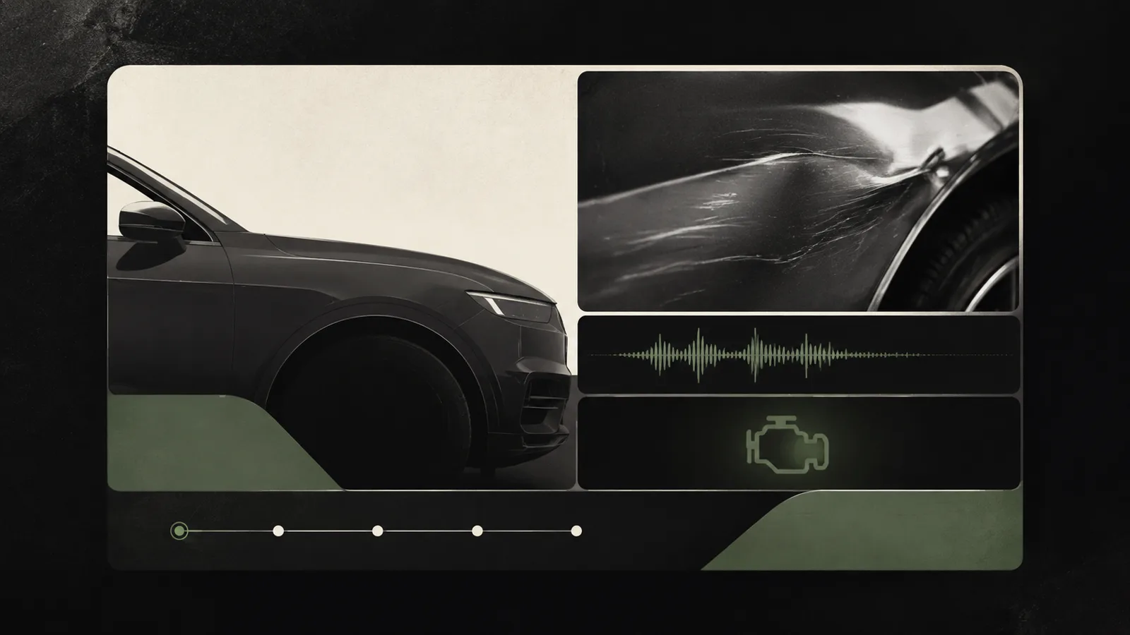 A vehicle warning, photo and audio waveform arranged into one clear workshop card