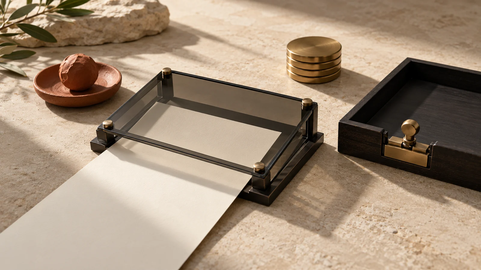 Blank invoice in a glass inspection frame beside a separate approval tray