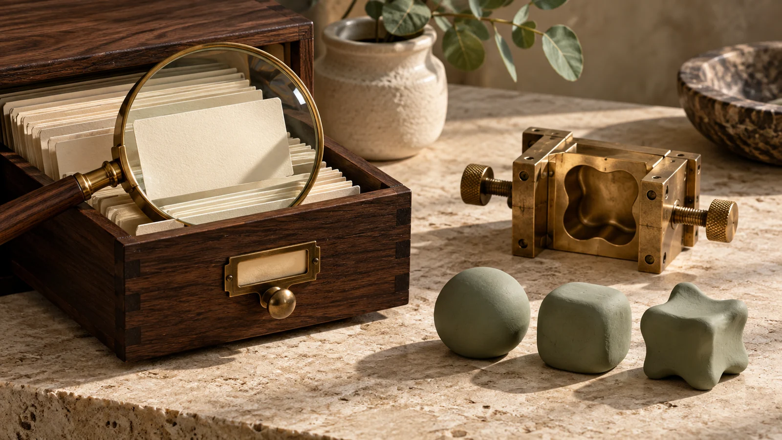 Document drawer and magnifying lens beside an adjustable brass mould and green forms