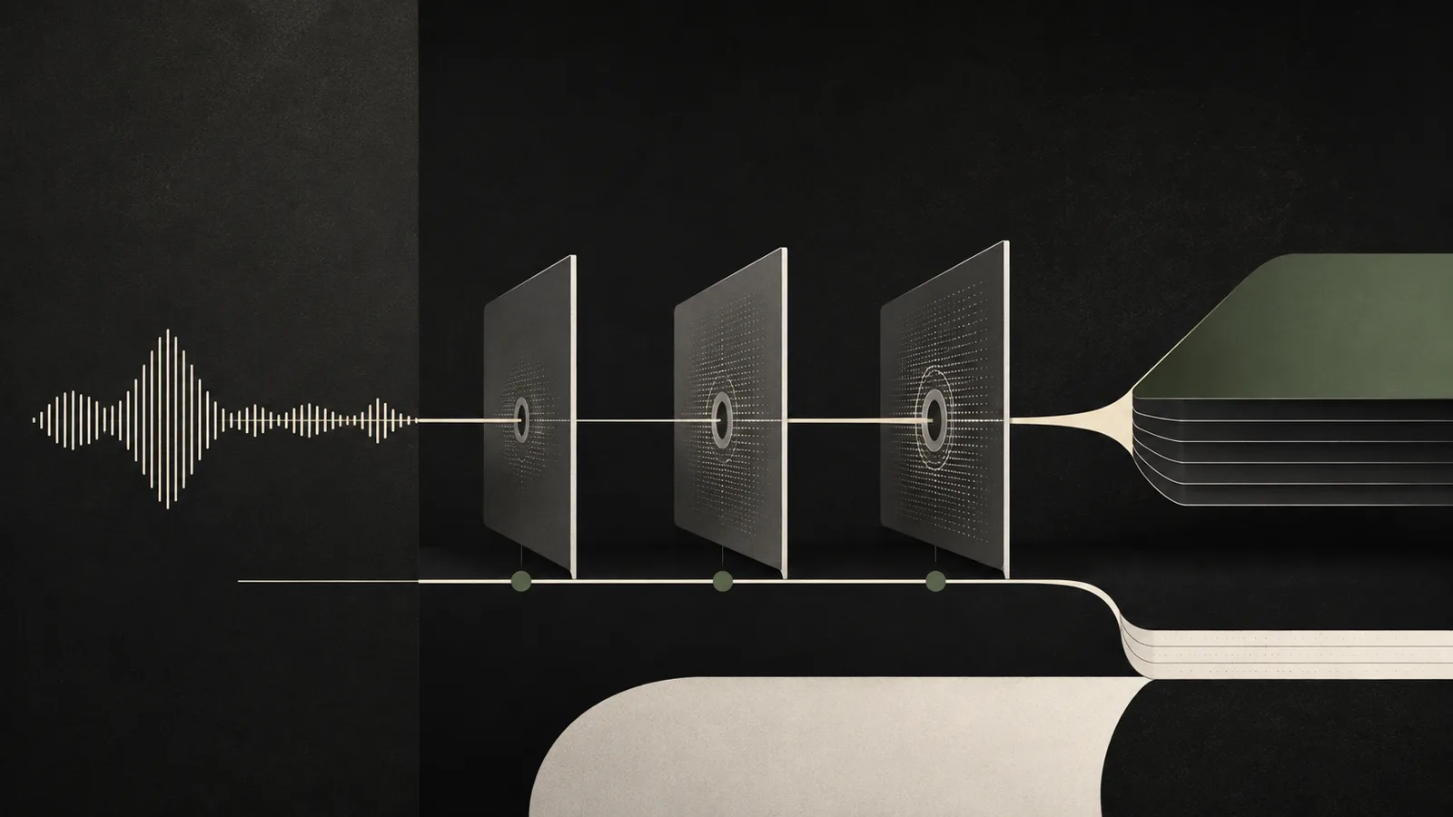 Abstract phone waves passing three graduated checkpoints before protected customer records