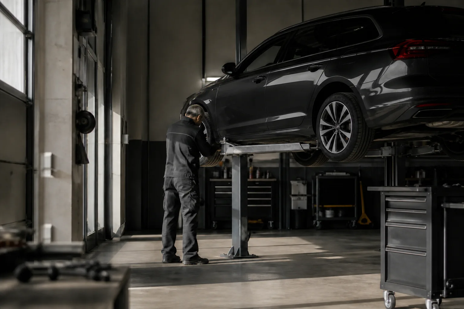 Mechaniker neben einem Fahrzeug auf der Hebebühne in einer Schweizer Autogarage