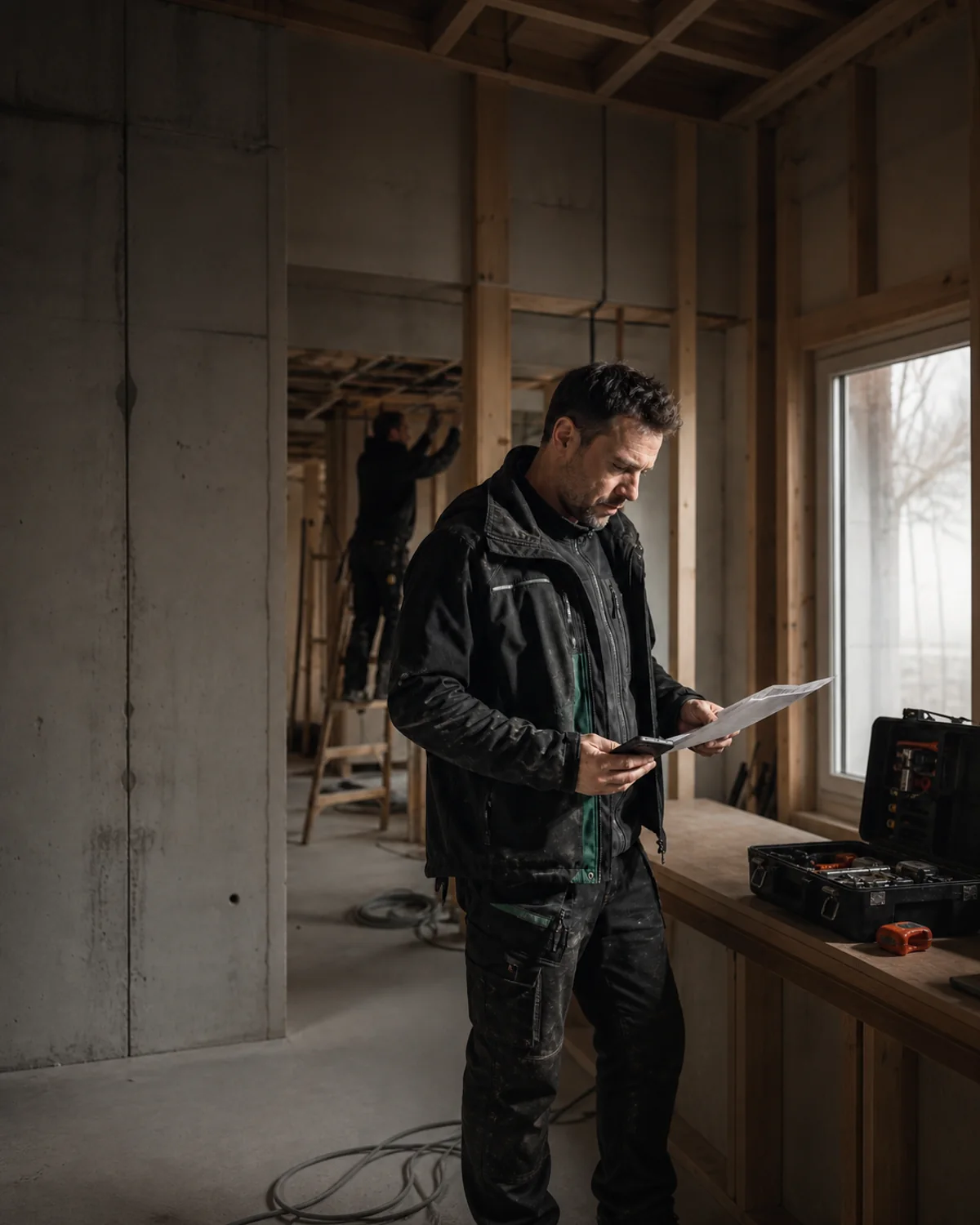 Tradesperson on a renovation site checking a job sheet and phone